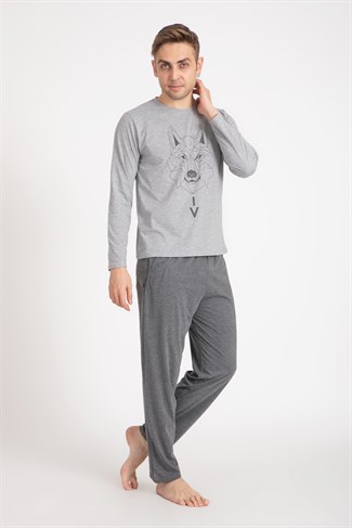 Erkek 6150-9 Kurt Desenli Cepli Pijama Takımı GRİ
