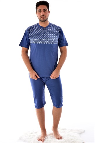 Erkek 990 Desenli Kapri Kısa Kol  Pijama Takımı İNDİGO