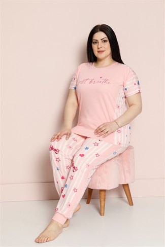 Kadın 2563-5 Büyük Beden Çizgili Pijama Takım SOMON
