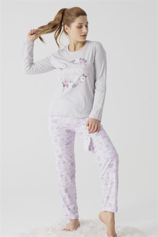 Kadın 2800-5 Desenli Göz Bantlı Uzun Kollu Pijama Takımı GRİ