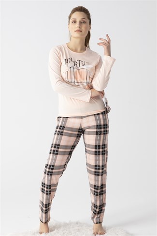 Kadın 2800-8 Desenli Göz Bantlı Cepli Uzun Kollu Pijama Takımı SOMON