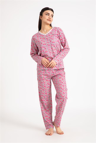 Kadın 5000-6 Çiçek Desenli Dantelli Pijama Takım FUŞYA