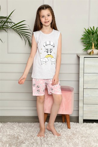 Kız Çocuk 9099 Desenli Sıfır Kol Şortlu Pijama Takımı GRİ