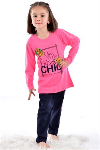 Kız Çocuk Çiçekli Yazılı Uzun Kol Pijama Takım PEMBE