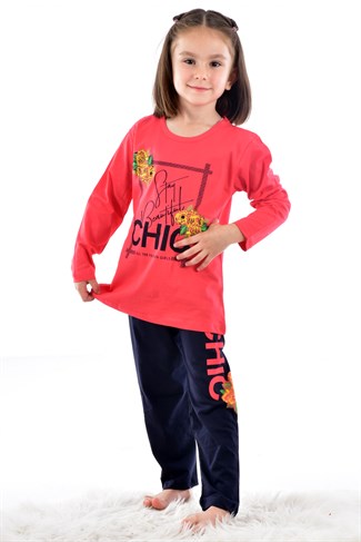 Kız Çocuk Çiçekli Yazılı Uzun Kol Pijama Takım MERCAN
